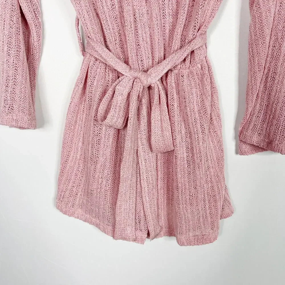 Blue Blush Pink Small S Open Knit Tie Waist Bell Sleeve Romper Cover Up Ribbed